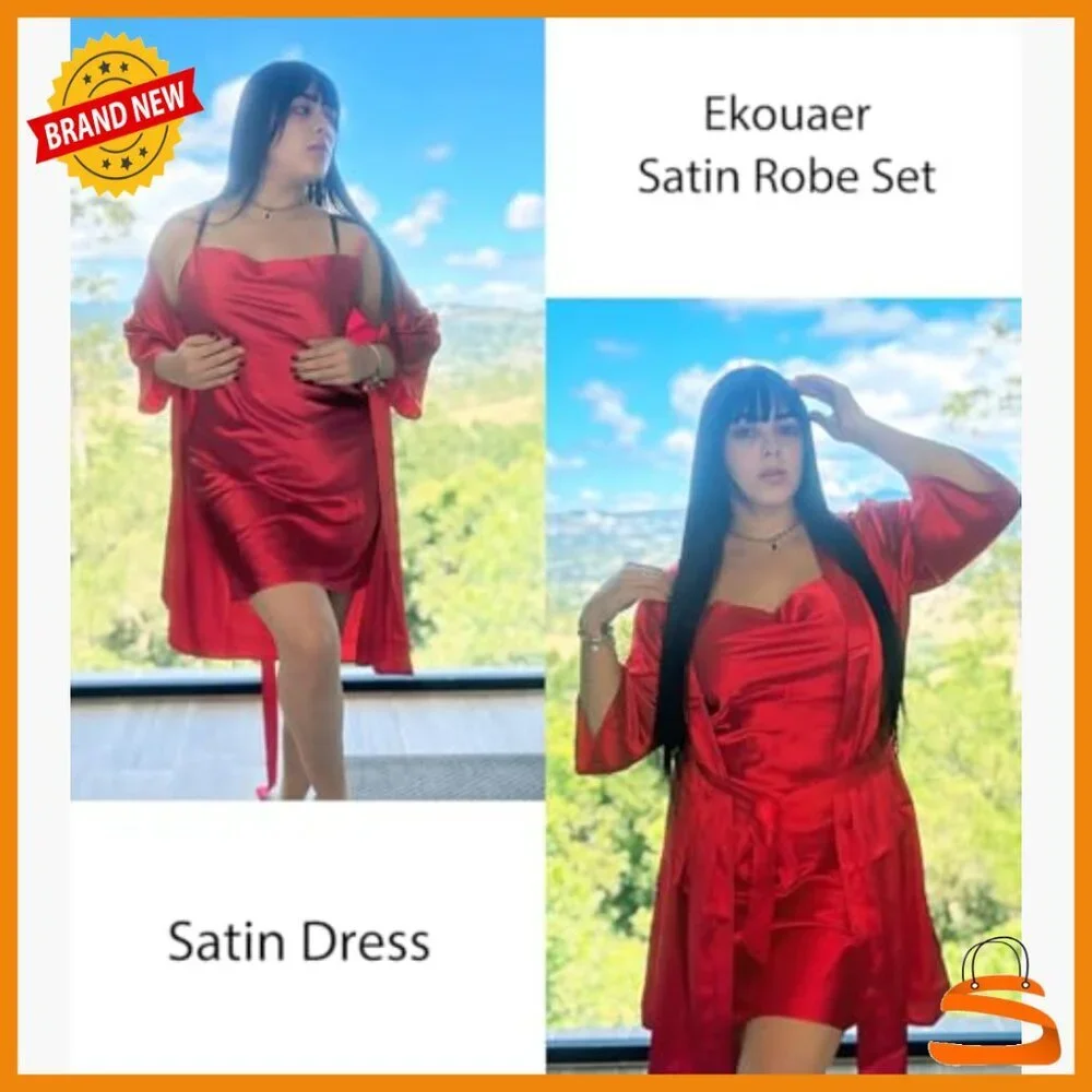 Satin Robe Set Nightgown Pajama 2 Piece Lingerie Sleepwear Large